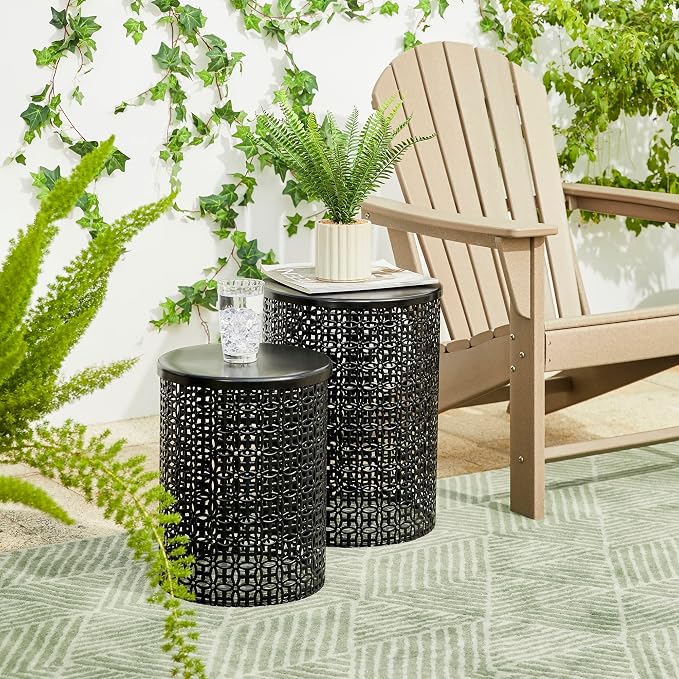 Glitzhome Outdoor Side Table Set of 2, Decorative Garden Stool for Patio Heavy Duty Metal Frame Accent Table Modern End Table, Glossy Black
