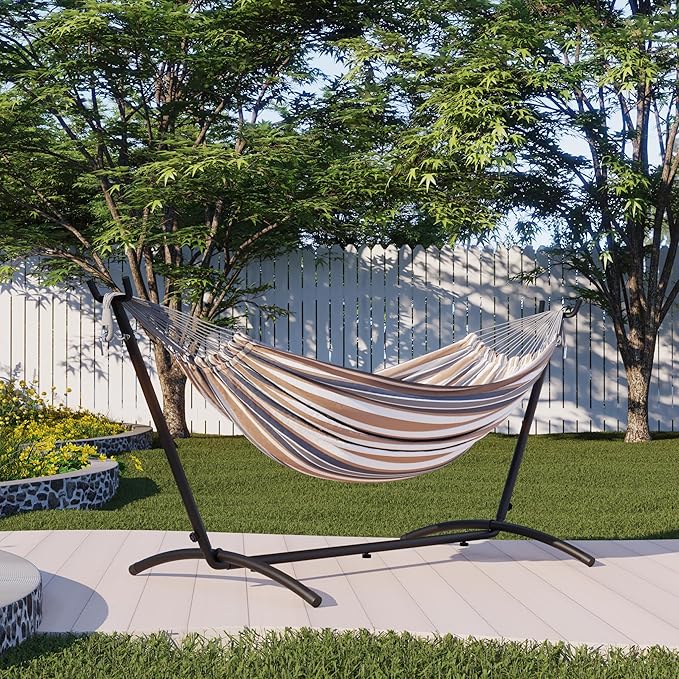 Mondeer Hammock with Stand, Double Fabric Camping Hammock with Metal Frame Carrying Bag up to 200kg for Camping Travel Patio Outdoor Garden, Yellow brown