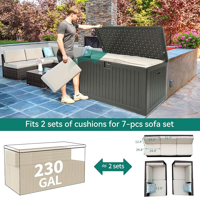 YITAHOME XXL 230 Gallon Large Deck Box,Outdoor Storage for Patio Furniture Cushions,Garden Tools with Flexible Divider,Waterproof,Lockable (Light Brown)