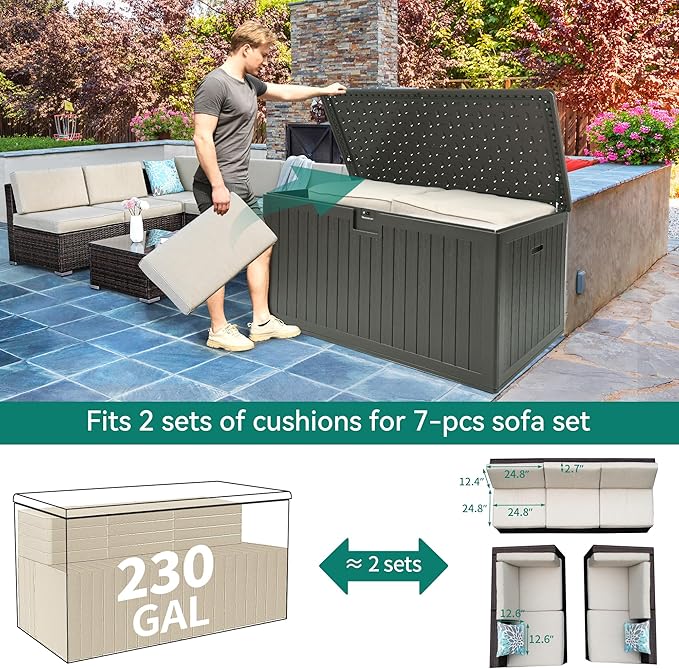 YITAHOME 230 Gallon Double-Wall Deck Box with Divider & Side Handles, Outdoor Large Storage for Patio Furniture Cushions, Garden Pool Accessories, Water Resistant & Lockable