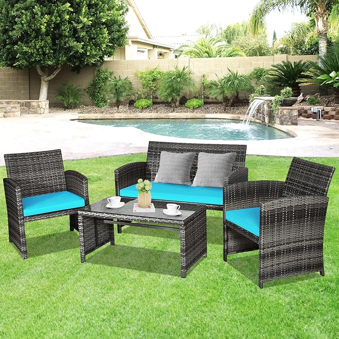 Giantex 4 Pc, Rattan Loveseat & Patio Chairs with Cushioned Seat, Wicker Coffee Table, Outdoor Furniture Front Porch Poolside Garden Lawn Conversation Sets, Mix Grey&Turquoise