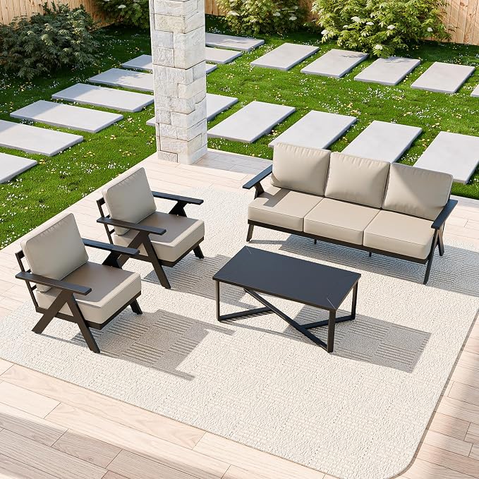 COOS BAY Iron Luxe 4 Piece Outdoor Patio Furniture Set, Modern Patio Conversation Set with 2 Patio Chairs, a 3 Seat Couch & Coffee Table for Deck, Garden, Porch, Black/Beige