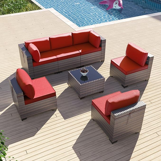 7 Pieces Outdoor Patio Furniture Sets,Wicker Conversation Set Sectional Sofa,Includes 6 All-Weather High Back PE Rattan Seating Components w/Thickened Cushions&Coffee Table,Red