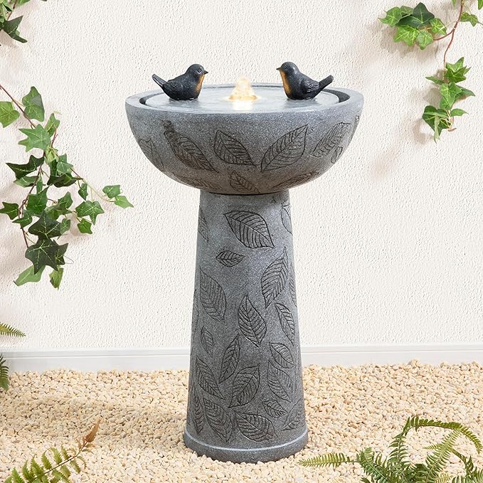 Glitzhome Outdoor Water Fountain with Lights & Pump, Bird Bath Fountain with Birds, 27.5" H Polyresin Floor Waterfall Fountains Water Feature for Garden, Yard, Patio, Home Decor