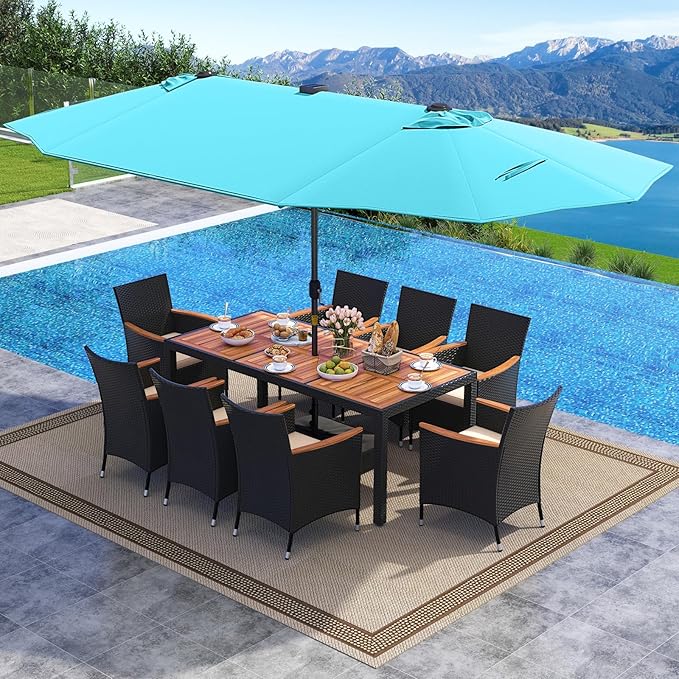 Tangkula 11 Pieces Patio Dining Set with Double-Sided Led Patio Umbrella (Base Included), with 8 Stackable Chairs, Acacia Wood Dining Table and Large Umbrella with Solar Lights (Turquoise + Off White)