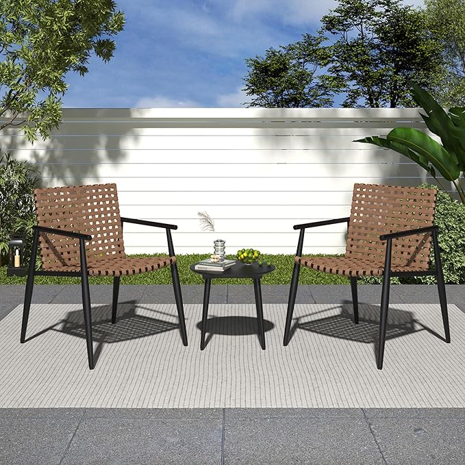 Christopher Knight Home Oakes Patio Table and Chairs Set, 3-Piece Patio Conversation Set, Outdoor Tempered Glass Table and PE Rattan Armchairs Set of 2, Garden/Poolside Reading Nook, Black+Brown