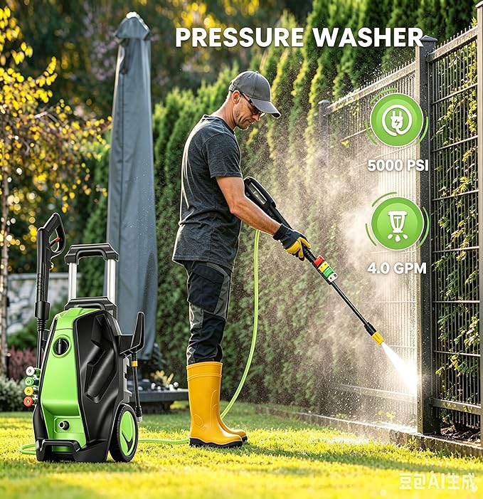 5000 PSI Electric Pressure Washer with 33FT Hose Power Washers Powered Professional High Pressure Cleaner Machine, Foam Cannon, 4 Tips, powerwashers for Home Cars, Green