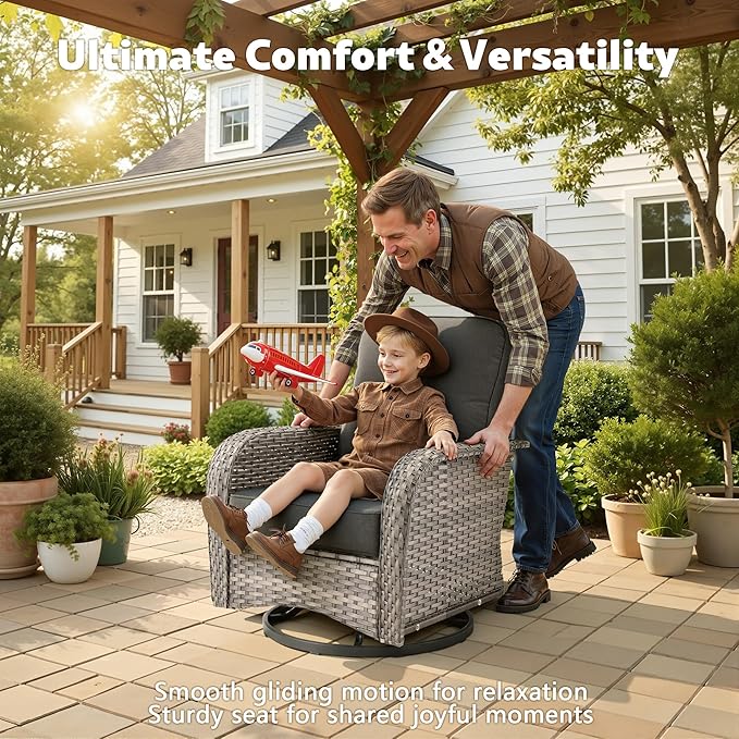 Patio Furniture, All Weather Wicker 6 PCS Outdoor Sofa with High Back Swivel Rocker Chairs, Conversation Set with Solar Light Coffee Table,Light Rattan Black Cushion
