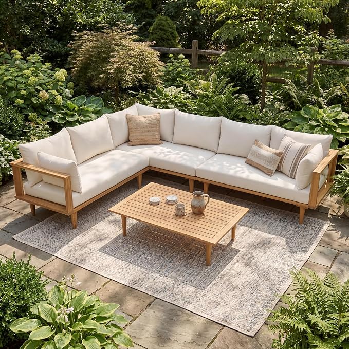 Christopher Knight Home Flynn Acacia Wood Patio Furniture Set, 6-Seater L-Shaped Sectional Sofa Set and Small Coffee Table, Outdoor Conversation Set for Backyard Poolside Balcony, Natural+Beige
