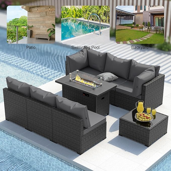 Patio Furniture Set with Fire Pit Table, 8PCS Outdoor Conversation Sets Waterproof Rattan Sectional Sofa with 4” Thickened Cushion Modular Wicker Patio Furniture Set with Glass Top Table (Grey)