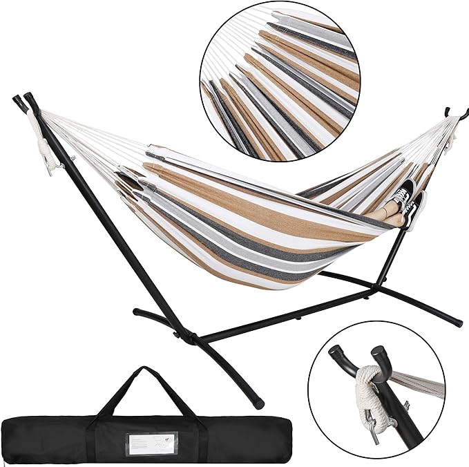 Double Hammock with 9FT Space Saving Steel Stand, 2-Person Portable Hammock with Stand for Outdoor Patio or Indoor, 330 Pounds Capacity, 6 Optional Hook Positions (Khaki)