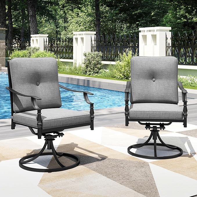PHI VILLA Outdoor Steel Swivel Dining Chairs Set of 2, Heavy-Duty Rustproof Black Wrought Iron Armchairs with Thick Cushions, Large Seating Furniture for Patio, Deck, Backyard, Porch