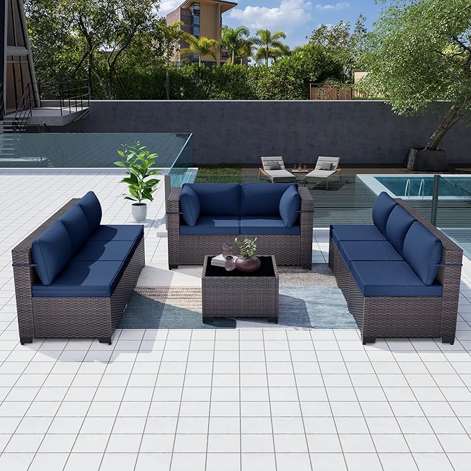 Patio Furniture Set 9pcs Outdoor Furniture for Backyard Sectional Sofa Set, Wicker Rattan Outdoor Conversation Set with 4 Inch Thickened Cushions and Coffee Table, Navy Blue