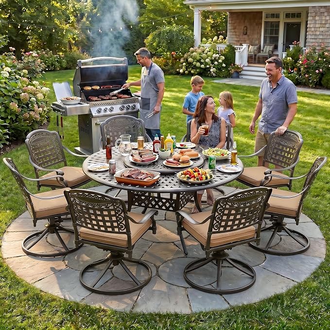MEETWARM Outdoor 9-Piece Patio Dining Set, All-Weather Cast Aluminum Patio Conversation Set- 8 Cushioned Swivel Rocker, 61" Round Patio Dining Table w/Detachable Lazy Susan/Umbrella Hole, Dark Bronze