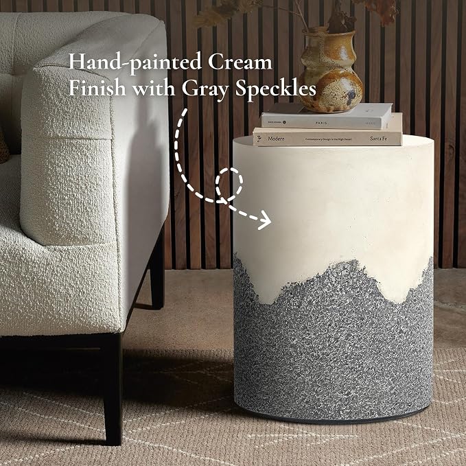 LuxenHome Gray and Cream Round Outdoor Side Table 18 Inch End Tables for Patio, Garden Small Accent Decorative Stool, Plant Stand Drum Table Indoor and Outdoor