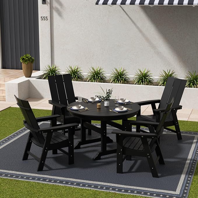 WestinTrends Ashore 5 Pieces Adirondack Outdoor Dining Set, All Weather Poly Lumber Slatted Modern Farmhouse Patio Furniture Set, 47" Trestle Round Table and 4 Adirondack Dining Chair, Black