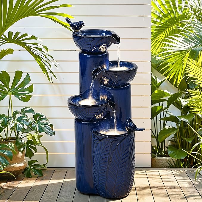 33" H Ceramic Outdoor Water Fountain with LED Lights, 4-Tier Bowl Water Feature with Birds, Cobalt Blue Glaze, Embossed Leaf Pattern, Cascading Waterfall for Tranquil Garden, Patio, or Porch
