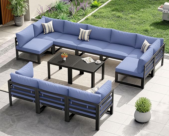 NICESOUL 12 Piece Extra Large Modern Aluminum Patio Furniture Set, Modular Outdoor Conversation Set with Coffee Table, 500 lbs Heavy Duty Comfortable Sectional Sofa for Poolside Exterior, Denim Blue