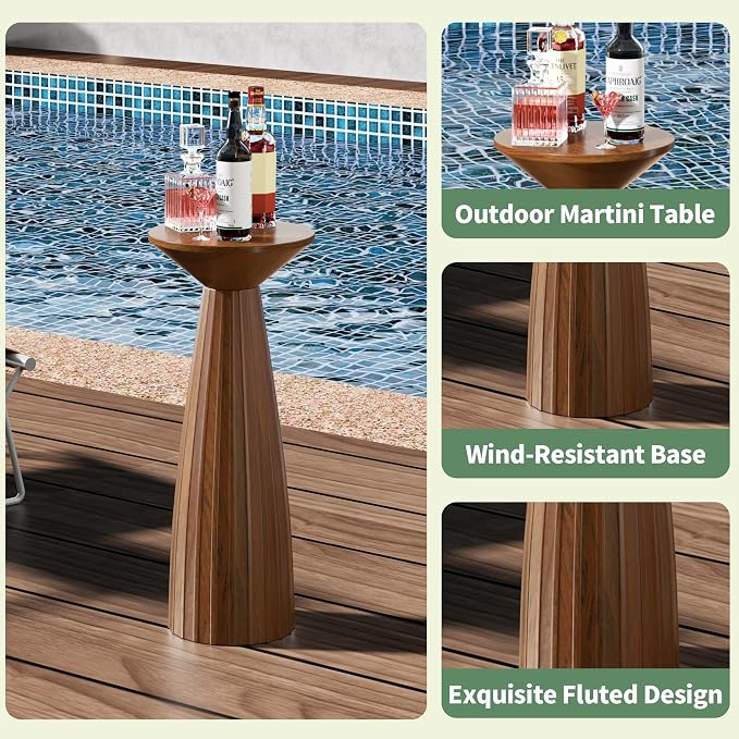 Modern Patio Side Table, Mid-Century Metal Outdoor End Table, Pedestal Round Accent Table for Poolside, Balcony & Living Room, Weather Resistant, No Assembly Required, Brown