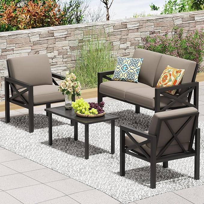 NATURAL EXPRESSIONS Outdoor Patio Furniture 4 Pieces Set, Modern Patio Conversation Sets, Outdoor Sectional Metal Sofa with 5.5 Inch Cushion and Coffee Table,Shale