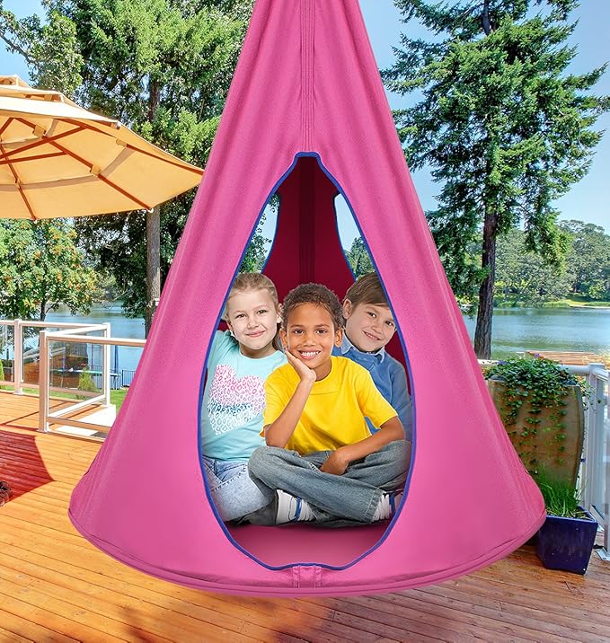 Sorbus Pod Swing for Kids - Durable Hanging Hammock Chair w/Adjustable Rope - 2 Windows & 1 Entrance - Tree Tent Sensory Swing for Kids Indoor Outdoor Use - 250lbs Sturdy Nest Swing - (Pink)