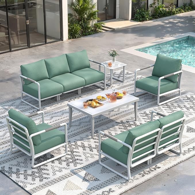 Outdoor Aluminum Patio Furniture Set with with 6.5" Thick Cushions,9-Piece Outdoor Sectional Conversation Set with Coffee Tables,All-Weather Patio Set for Backyard & Deck，White