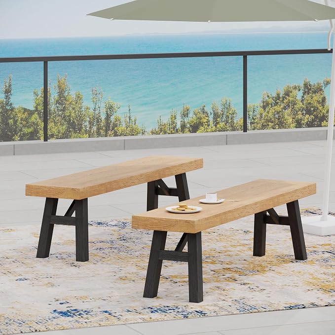 70.5'' Outdoor Patio Dining Table & 2 Bench for 4, Acacia Wood Farmhouse Dining Table Set Outdoor & Indoor Furniture for Patio Porch Garden, H-Shaped Base, 3-Pcs, Light Brown