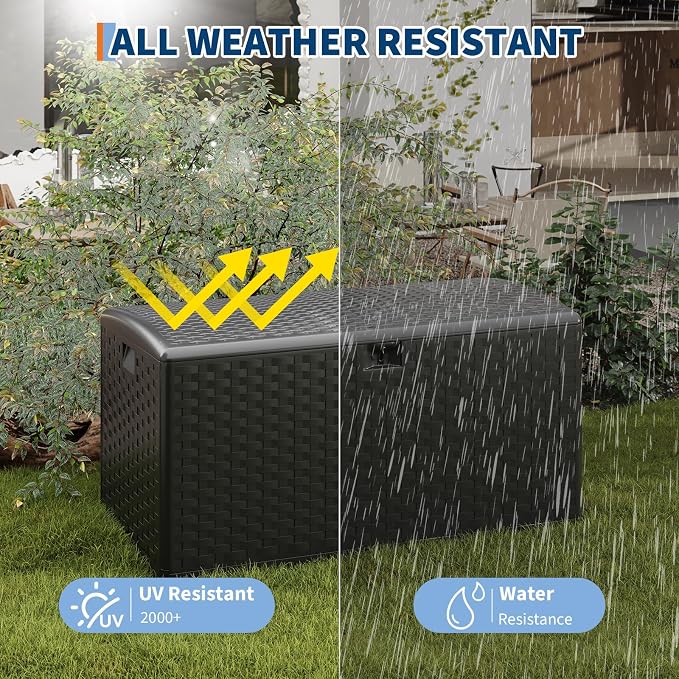 Patikuin 100 Gallon Outdoor Deck Storage Box with Hydraulic Gas Struts, Waterproof Resin Patio Container with Lockable Lid, Soft-Close, Handles & 2-Seat Bench for Garden Tools, Cushions, Black