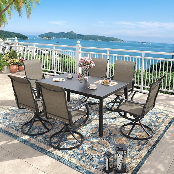 Outdoor Dining Set for 6, 63" Metal Outdoor Dining Table with Umbrella Hole and Sling Patio Swivel Chairs, 7 Pieces Patio Table and Chairs Set for Garden Backyard, Mixed Brown and Black