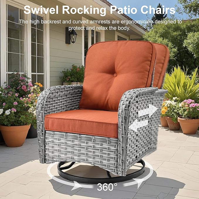 Outdoor Patio Furniture Sets,11 PCS Patio Conversation Set Outside Rattan Sectional Sofa with 54 in Fire Pit Table Wicker Rocking Chair Coffee Table Fit Backyard Porch Garden Poolside Balcony