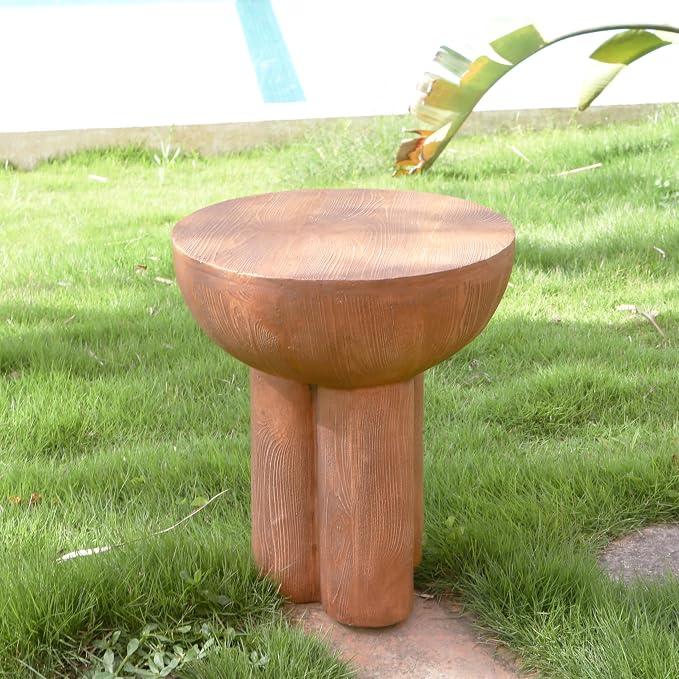 Christopher Knight Home Nataly 18.25" H Small Outdoor Side Table, Mushroom-Like Carved Garden Stool, Lightweight Concrete End Table, Patio Decorative Home Stool for Balcony Poolside Backyard, Brown