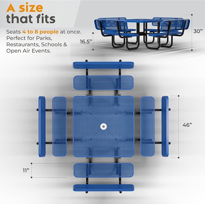 Metal Picnic Tables for Outdoors with Umbrella Hole - Coated Steel Heavy Duty Commercial Grade Furniture (Blue, 46 in, Square with Back, Expanded Steel)