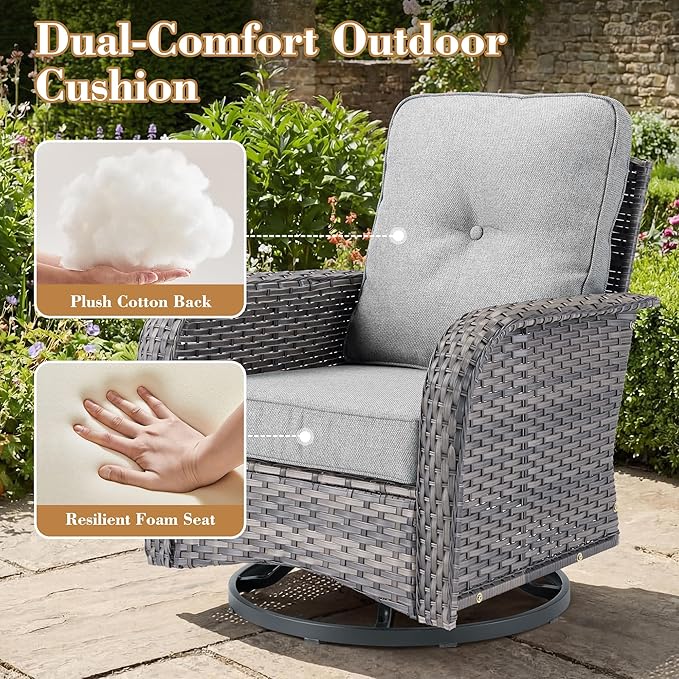 3 Pieces Patio Furniture Set, All-Weather Rattan Wicker Outdoor Furniture with Swivel Rocking Chairs and Side Table, High Back Conversation Set for Porch, Backyard, Balcony,Dark Grey