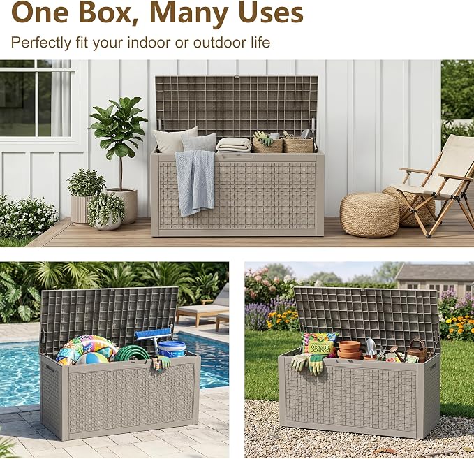 140 Gallon Outdoor Storage Box, Large Resin Deck Box, Waterproof Lockable Storage Container, Storage Bins with Lids for Patio furniture, Garden Tools, Grey