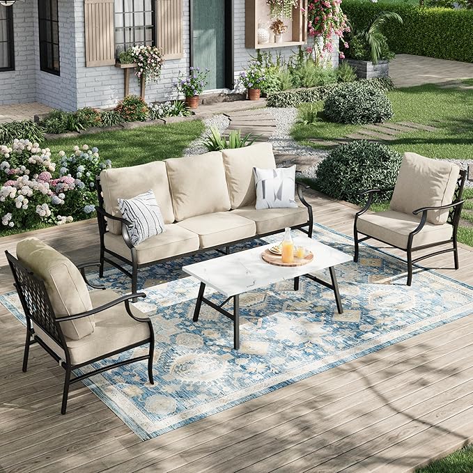 Patio Furniture Set 4 pcs, Metal Outdoor Patio Furniture, 3-Seat Sofa, 2 Single Chairs, Metal Coffee Table and 5.75" Extra Thick Cushion, Patio Conversation Set,Beige