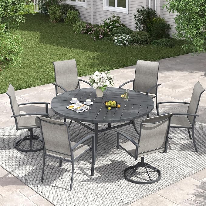 VICLLAX 7 Pieces Patio Dining Set for 6, 53.1" Round Outdoor Table and Chairs (4 Patio Fixed Chairs and 2 Swivel Chairs) for Deck Garden, Dark Grey