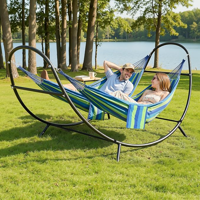 SUNCREAT Portable Outdoor Hammock with Stand, Double Hammocks with Stand for Outside, Patent Pending, Blue & Green