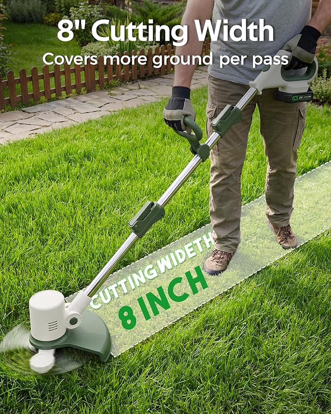 Cordless String Trimmer Battery Powered, 21V 2-in-1 Weed Wacker and Edger with 8" Cutting Width, 2 x 2.0Ah Batteries and Charger Included, Electric Lawn Tool Grass Cutter