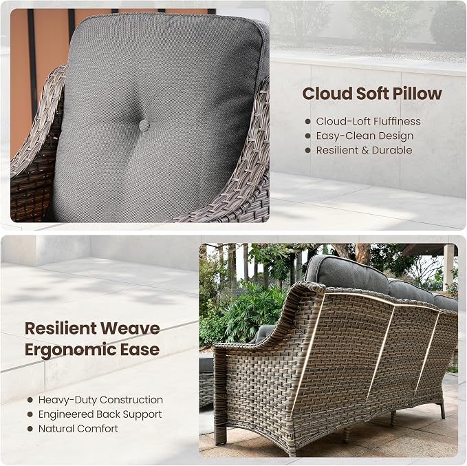 4 PCS Patio Conversation Set, All-Weather High Back Wicker Outdoor Patio Furniture Sets with Two Single Chairs, Solar Light Coffee Table,Outside Furniture for Porch Backyard Balcony,Dark Grey