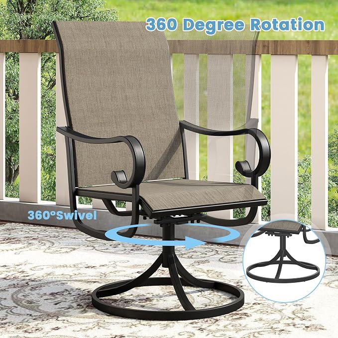 DIFY 7 Pieces Outdoor Dining Set for 6, Outdoor Furniture Set of 6 Brown Textilene Swivel Patio Chairs, 50" Black Round Metal Dining Table with Umbrella Hole, for Garden Deck Backyard