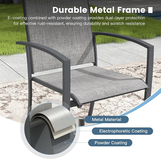 DIFY 5 Pieces Outdoor Dining Set for 4, 40.6" Round Dining Table with Umbrella Hole and Textilene Stackable Patio Chairs, Metal Patio Table and Chairs Set for Garden Backyard Poolside, Grey Wood-Like