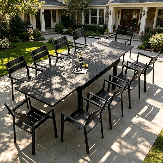 Pellebant 11-Piece Aluminum Outdoor Dining Set for 10, Stackable Contoured Seat Armrest Chairs with 17.3" Depth, Expandable Patio Table – Weather-Resistant Furniture for Deck, Porch & Backyard