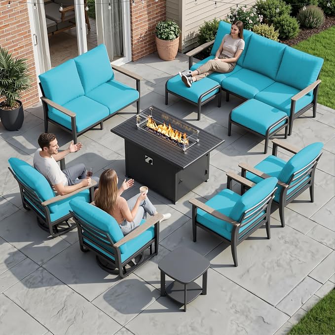 Aluminum Outdoor Patio Furniture Set, 10-Piece Sectional Sofa with 5.1" Thick Cushions, Swivel Rocking Chairs, 55,000 BTU Fire Pit Table, Outdoor Couch for Backyard, Deck, Blue