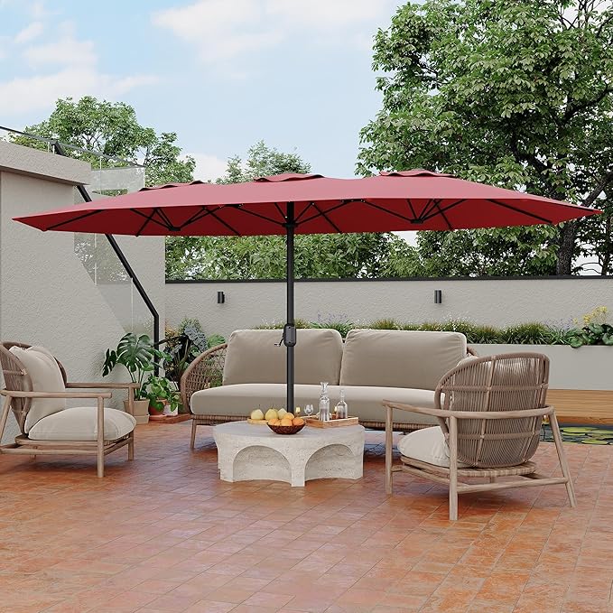 GarveeTech 15FT Double-Sided Rectangular Patio Umbrella with Base – Large Outdoor Market Umbrella for Poolside, Lawn & Backyard, Oversized Shade for 4-6 Person Tables