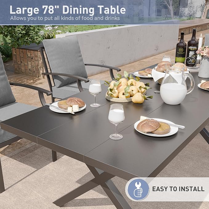 Kurapika 7 Piece Patio Dining Set Outdoor Furniture, Metal Patio Furniture Set 6 Fixed Chairs and Large Table with Umbrella Cutout for Deck Garden Yard Porch, Grey