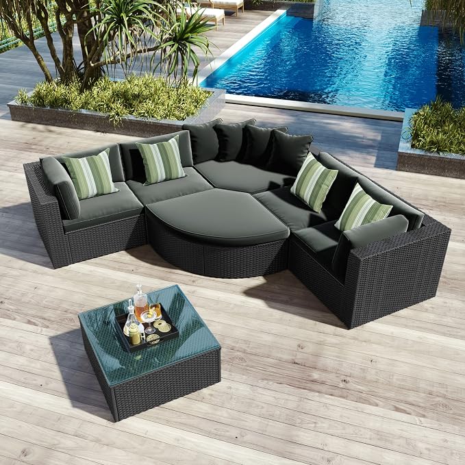 7 Pieces Outdoor Patio Furniture Set Wicker Rattan Sectional Sofa All-Weather PE Rattan Patio Conversation Set with Tempered Glass Top Table for Porch Garden Backyard Balcony and Poolside