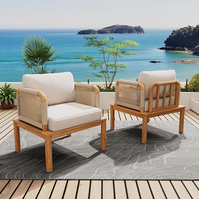 Merax MP2 Set of 2 Outdoor Club Chairs, Acacia Wood & Rope Weave with Water-Repellent Cushions, Patio Conversation Chairs for Garden & Balcony