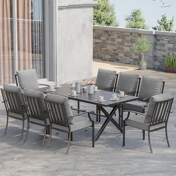 Kurapika 9 Pieces Patio Dining Set Outdoor Furniture with 8 Fixed Chairs, Metal Patio Furniture Set 8 Chairs and Large Table with Umbrella Cutout for Yard Porch, Grey