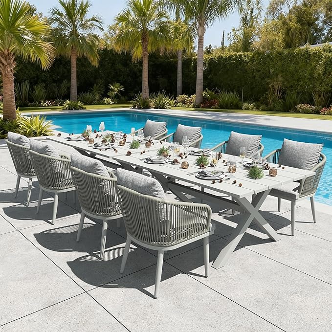 LayinSun 10 Pieces Outdoor Patio Dining Set, Aluminium Rectangular Dining Table and Wicker Rattan Chairs Set for Outside Backyard, Poolside