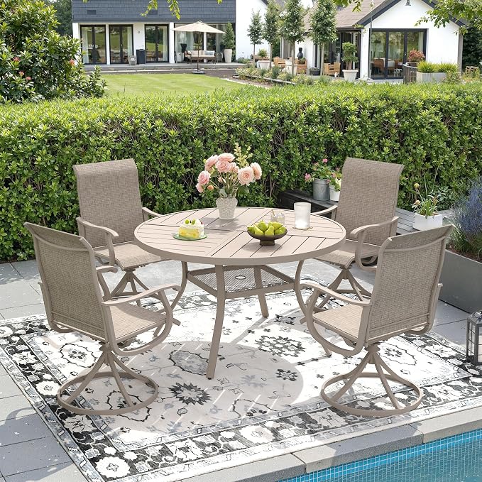DIFY 5 Pieces Outdoor Patio Dining Set, 4 Sandshell Textilene Swivel Dining Chairs and 40.6" Sandshell Round Metal Dining Table, Outdoor Table and Chairs